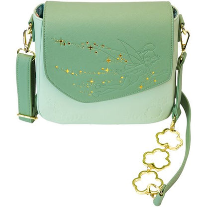 Disney Loungefly Tinker Bell Four Leaf Clover Crossbody Purse – Front view with gold foil accents.