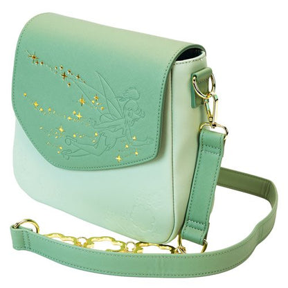 side view of Loungefly Tinker Bell Crossbody Purse showing compartments and adjustable strap.