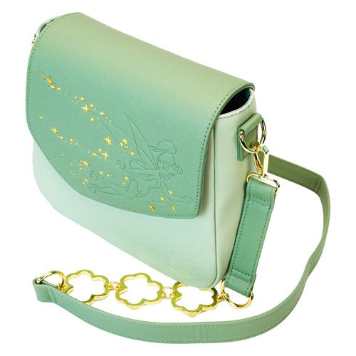 Mint green Tinker Bell crossbody bag with gold star accents, embossed fairy design, and a detachable chain strap. Stylish Disney-inspired handbag for fans and collectors. Perfect for casual and themed outfits