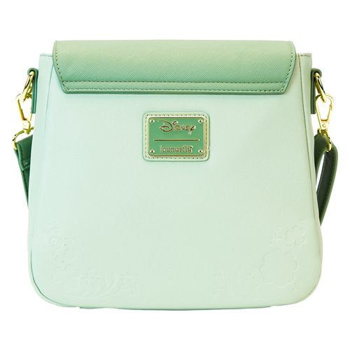 Mint green Tinker Bell crossbody bag with a gold Disney Loungefly logo plaque and floral embossed details.